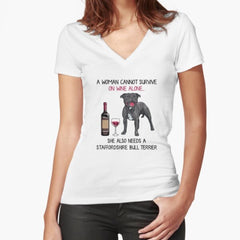 Staffordshire Bull Terrier and wine Funny dog Fitted V-Neck T-Shirt