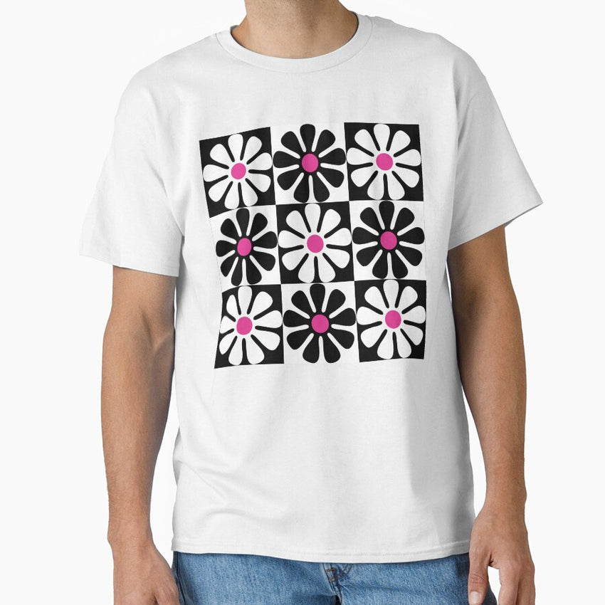 60s Retro Big Flowers in Black, White and Pink Classic T-Shirt