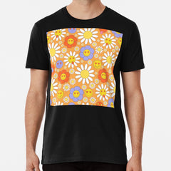 60S Retro Groovy Mod Flowers In Pink Orange And Yellow Premium T Shirt