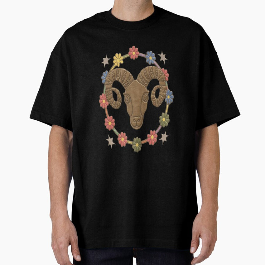 Astrology Zodiac Designs: Aries Embossed Metalic-Looking Rams Head Surrounded By Flowers Oversized T-Shirt