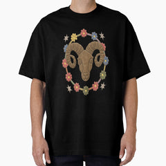 Astrology Zodiac Designs: Aries Embossed Metalic-Looking Rams Head Surrounded By Flowers Oversized T-Shirt