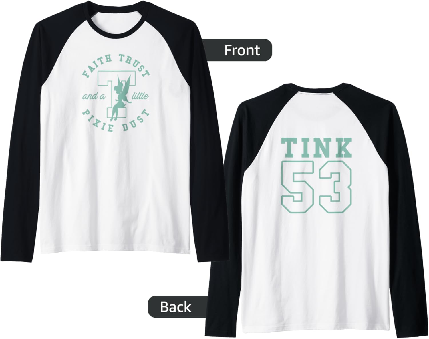 Disney Peter Pan Tinker Bell #53 Collegiate Front & Back Raglan Baseball Tee