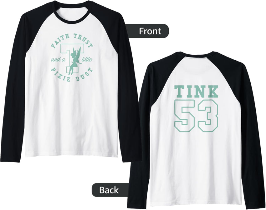 Disney Peter Pan Tinker Bell #53 Collegiate Front & Back Raglan Baseball Tee