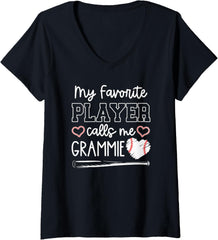 Womens My Favorite Player Calls Me Grammie Baseball Grandma Game V-Neck