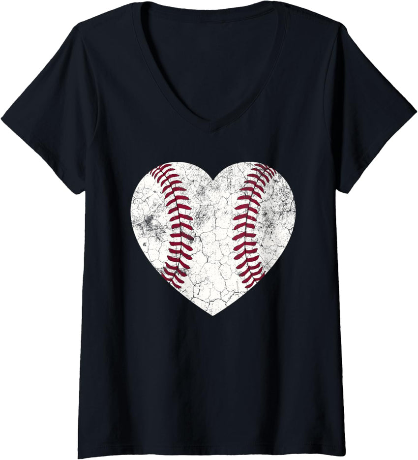 Womens Mother's Day Gift Distressed Heart Baseball Heart Mom Mama V-Neck