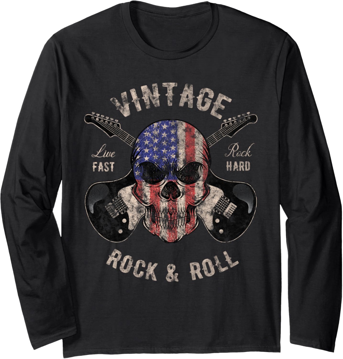 American Flag Guitar Vintage Rock and Roll Skull Guitarist Long Sleeve