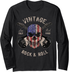 American Flag Guitar Vintage Rock and Roll Skull Guitarist Long Sleeve