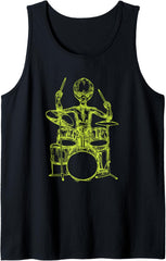 Alien Playing Drums Funny Drummer Musician Rock Music Band Tank Top