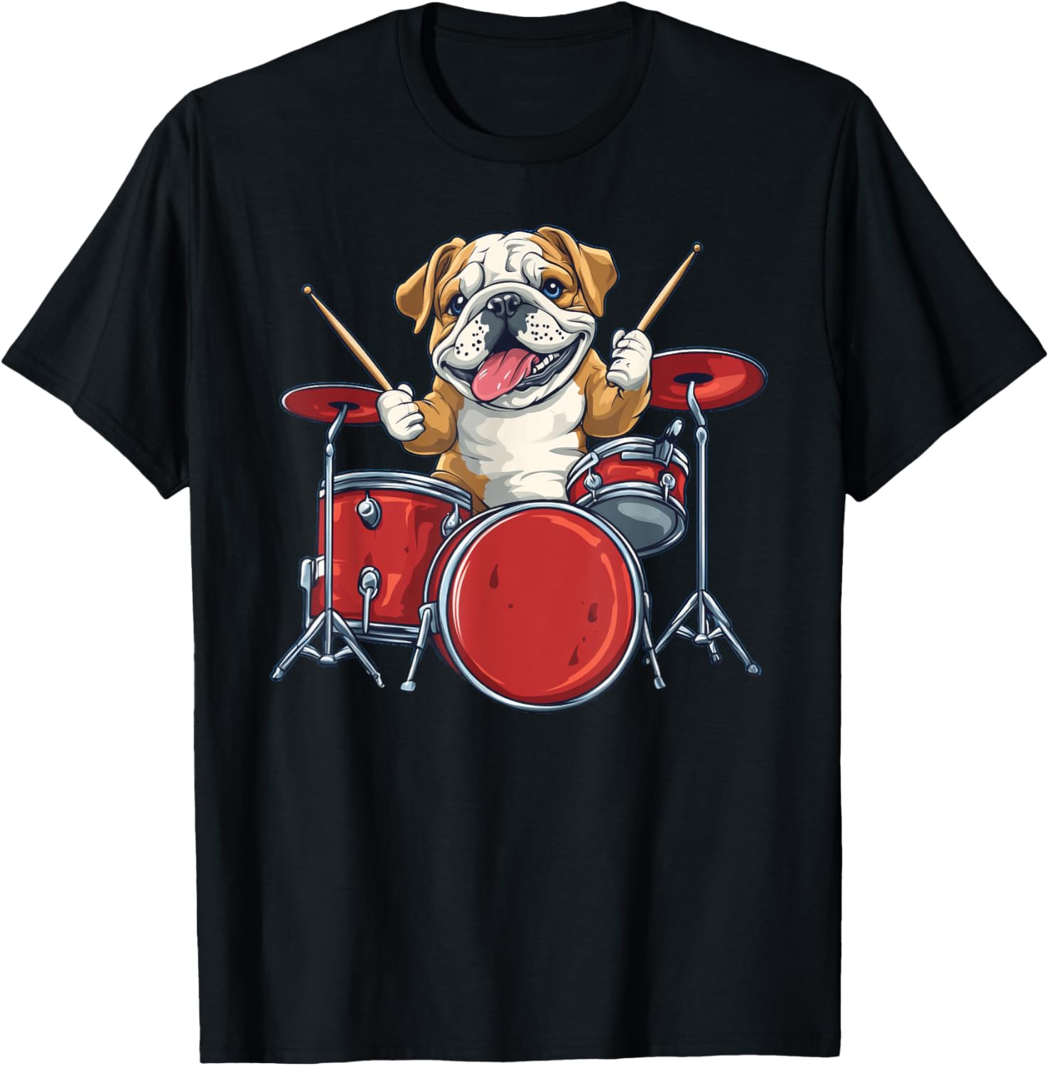 Cute English Bulldog Dog Playing Drums Drummer Music