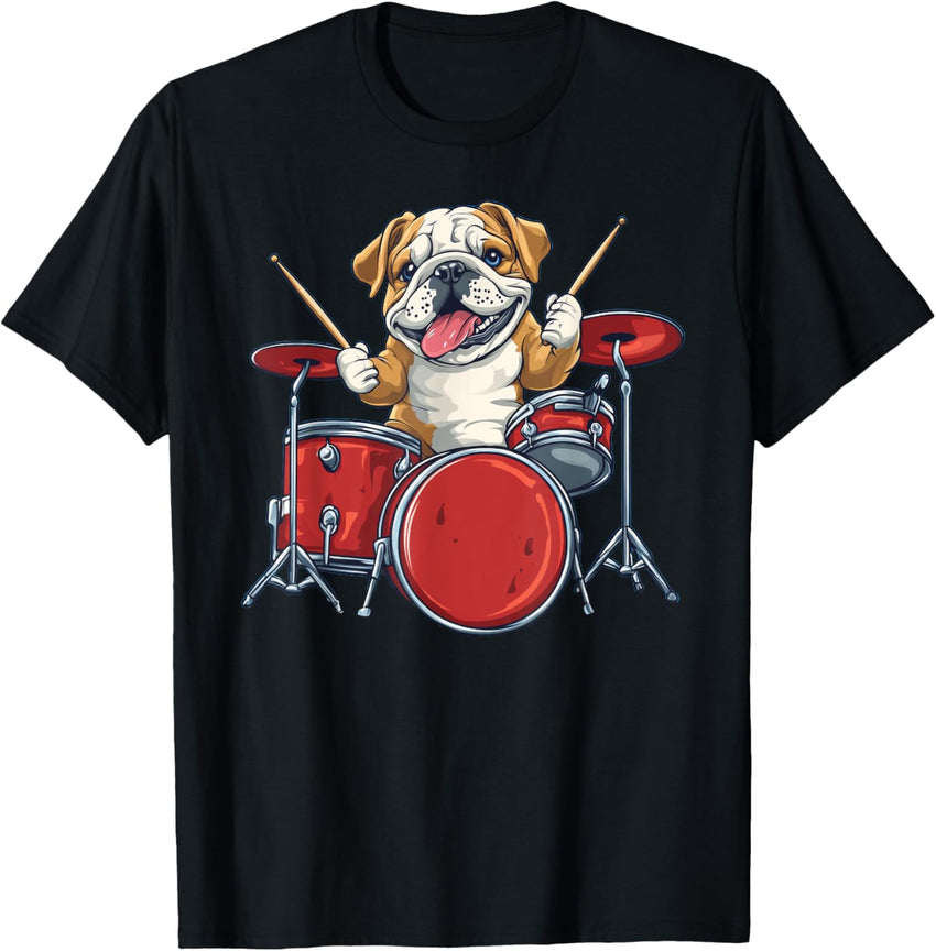 Cute English Bulldog Dog Playing Drums Drummer Music