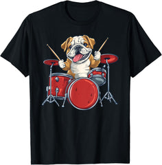 Cute English Bulldog Dog Playing Drums Drummer Music