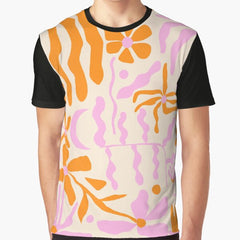 A Walk in the Garden Retro Orange and Pink 70s Flower Design Print Graphic T-Shirt