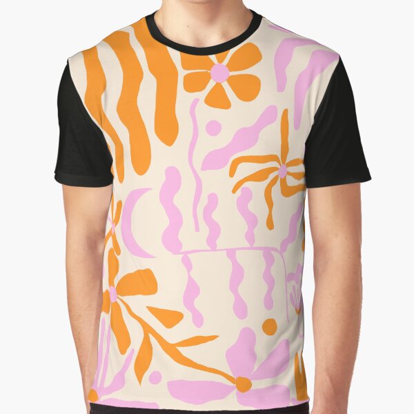 A Walk In The Garden Retro Orange And Pink 70S Flower Design Print Graphic T Shirt