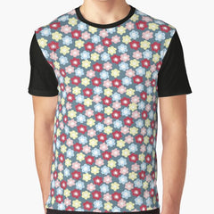 Retro Flower Power Ditsy Floral Design in Teal, Pink, Blue and Yellow Graphic T-Shirt