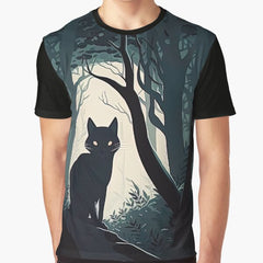 Black Cat in the Woods with Giant Moon Art Design Graphic T-Shirt