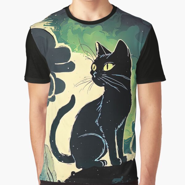 Sketchy Black Cat and Colorful Cloudy Sky Graphic T-Shirt
