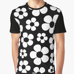 Reto 1960s Style Mid Mod Floral Pattern Black and White Graphic T-Shirt