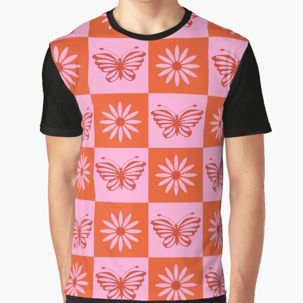 Checkered Retro flowers and butterflies pattern in orange and pink Graphic T-Shirt