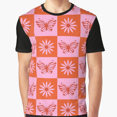 Checkered Retro flowers and butterflies pattern in orange and pink Graphic T-Shirt