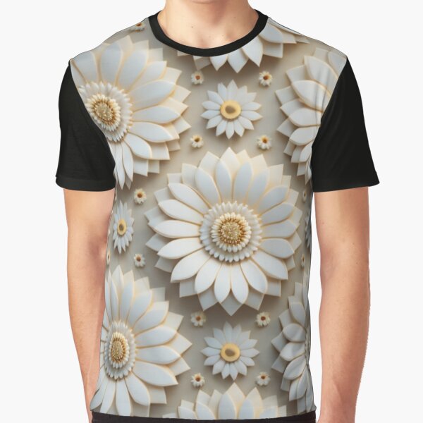 3D Retro Inspired White Sunflower Pattern Graphic T-Shirt