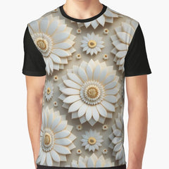 3D Retro Inspired White Sunflower Pattern Graphic T-Shirt