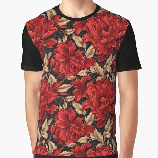 Red Peony Flower Pattern Graphic T-Shirt