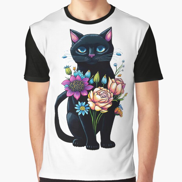black cat with flowers Graphic T-Shirt