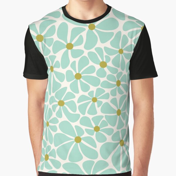 Aqua and Olive Retro Groovy Daisy Blooms Graphic T-Shirt