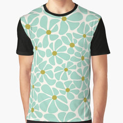 Aqua and Olive Retro Groovy Daisy Blooms Graphic T-Shirt
