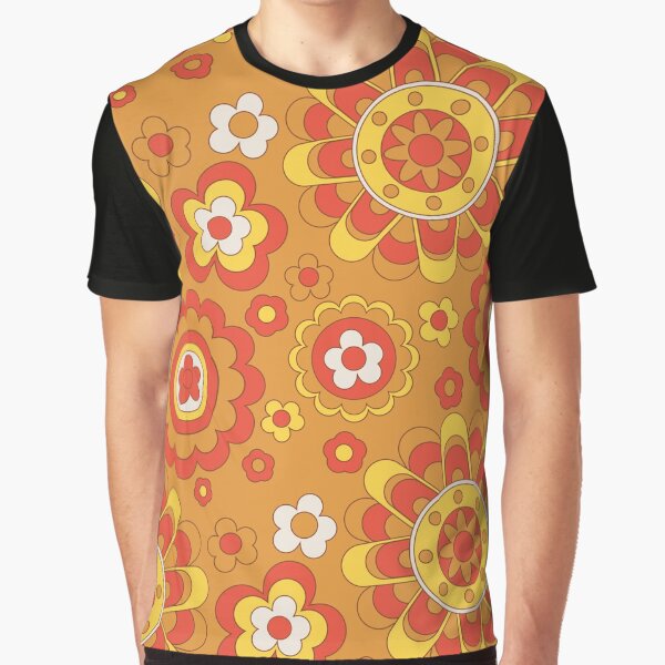 Retro Flower Pattern Orange and Yellow Flower Print Hippie Chic Graphic T-Shirt