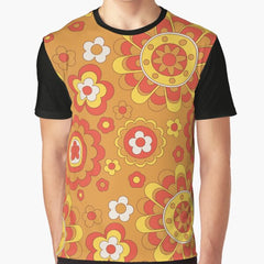 Retro Flower Pattern Orange and Yellow Flower Print Hippie Chic Graphic T-Shirt