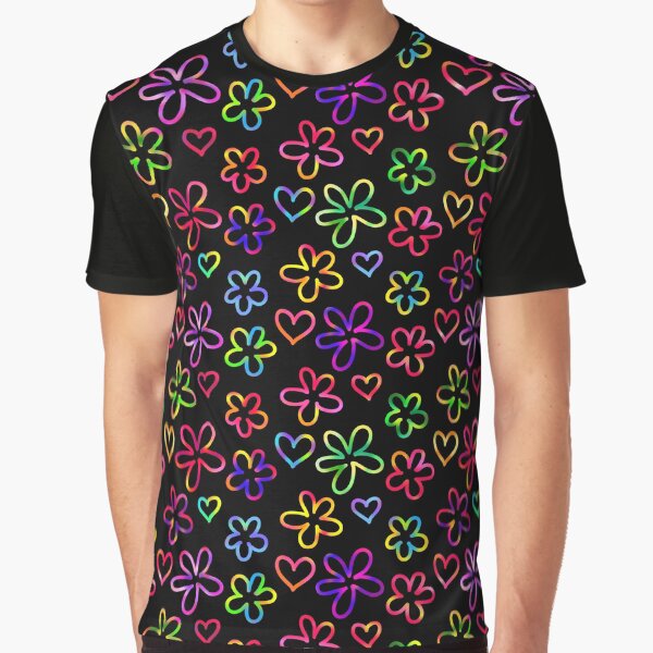 Rainbow Colored Retro Floral Simple Pattern Black Back Ver 2 Graphic T-Shirt