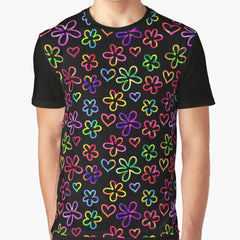 Rainbow Colored Retro Floral Simple Pattern Black Back Ver 2 Graphic T-Shirt