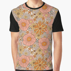 Retro Coral Flower and Daisy Art Pattern Graphic T-Shirt