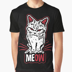 Funny Cat T Shirt Angry Cat Meow White And Red Graphic T-Shirt