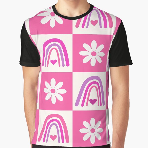 Checkered Pink Boho Rainbows and White flowers Pattern Graphic T-Shirt