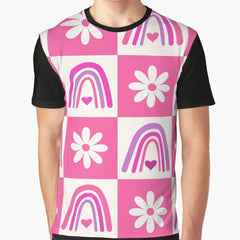 Checkered Pink Boho Rainbows and White flowers Pattern Graphic T-Shirt
