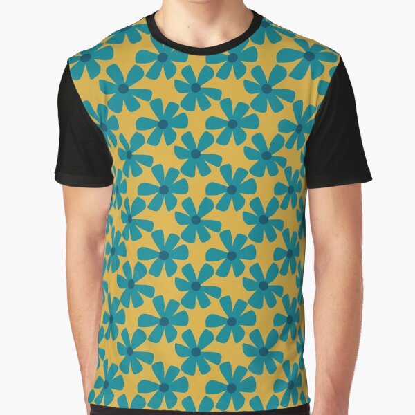 Teal and Yellow Retro Flower Pattern – Bold Floral Design with Vintage Vibes Graphic T-Shirt