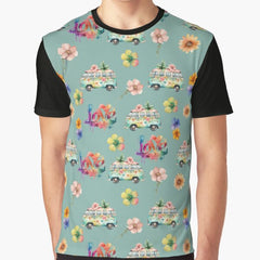Retro Van and Flowers Seamless Pattern Graphic T-Shirt