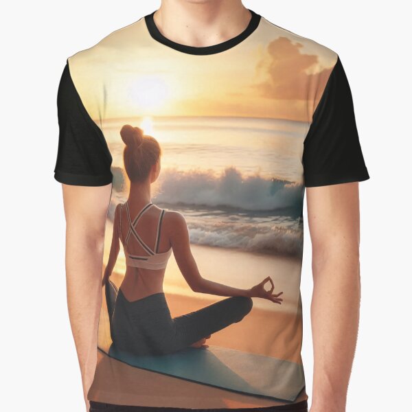 A Person Is Meditating On A Beach At Sunrise Sitting Cross Legged On A Yoga Mat Facing The Calm Ocean Waves Graphic T Shirt