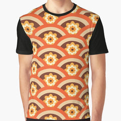 Orange groovy 70s flower on sunshine rainbow circles pattern Graphic T-Shirt