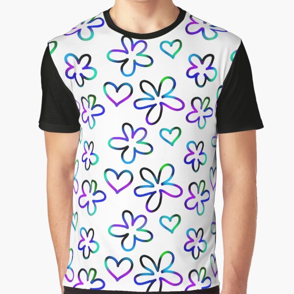 White, Pink, Purple Blue Retro Floral Simple Pattern Graphic T-Shirt