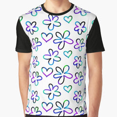 White, Pink, Purple Blue Retro Floral Simple Pattern Graphic T-Shirt