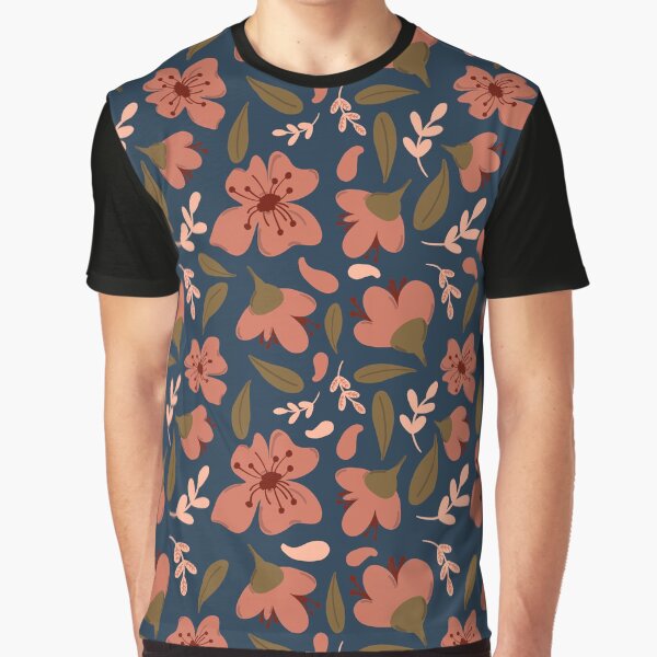 Retro Flower Pattern navy Graphic T-Shirt