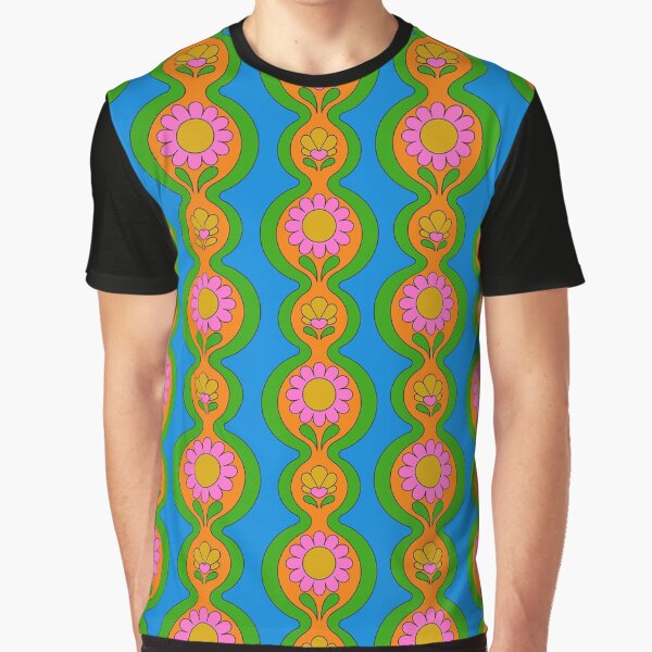 Flower Chain Pattern Blue Graphic T-Shirt