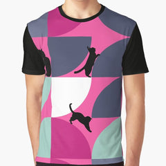 Cat With Geometric Art Pink and Navy Graphic T-Shirt