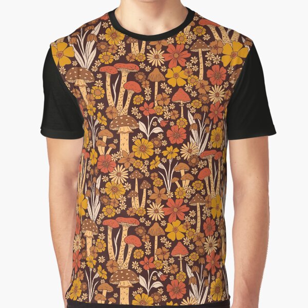 Retro 1970s Brown & Orange Mushrooms & Flowers Graphic T-Shirt