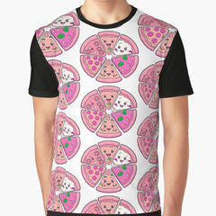 Kawaii Funny Faces Pizza Digital Motif Graphic T-Shirt