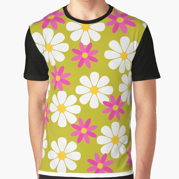 60S Retro Vintage Flowers Sixties Daisies White Pink Flowers On Yellow Graphic T Shirt
