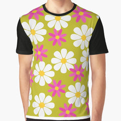 60S Retro Vintage Flowers Sixties Daisies White Pink Flowers On Yellow Graphic T Shirt